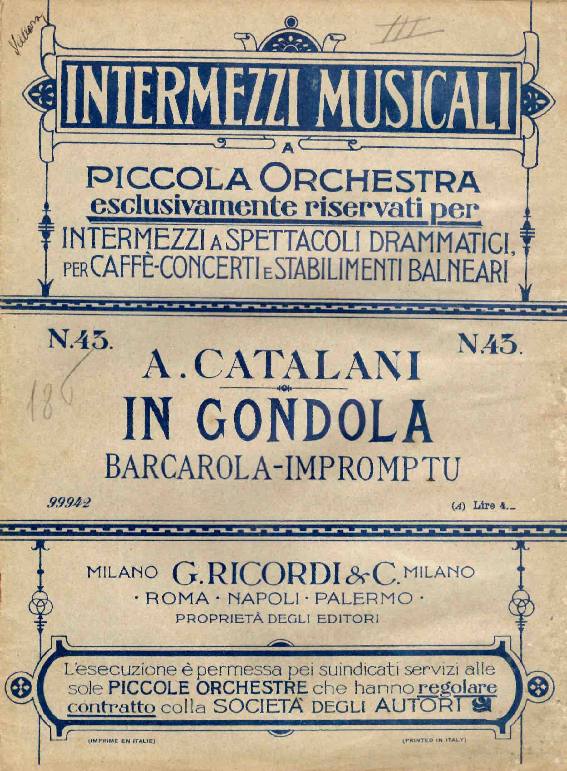 In Gondola. Barcarola-Impromptu. Riduzione per piccola Orchestra di Giovanni Bossa